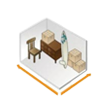 A room with furniture and boxes on the floor.